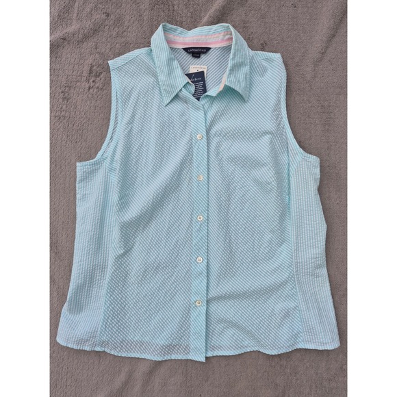 Lands' End Tops - Lands End Womens 14P‎ Blue White Seersucker Sleeveless Button Down nautical NWT